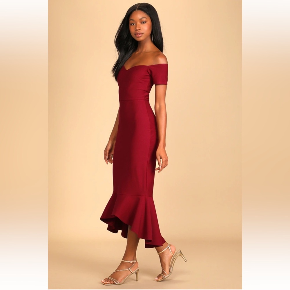 Lulus How Much I Care Wine Red Off The Shoulder Midi Dress NWT Size Large